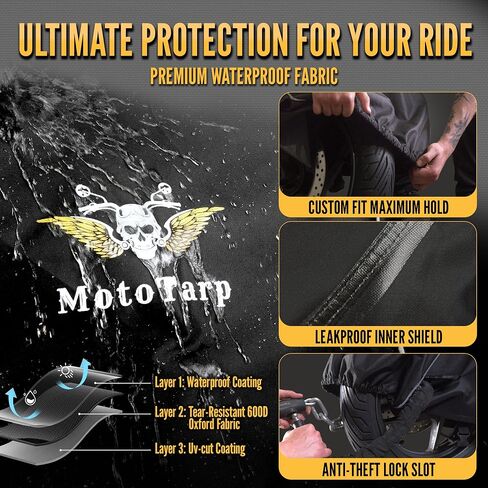 600D Heavy Duty Motorcycle Cover 100% Waterproof; License Plate Window, Exhaust Heat Guard, Night Reflectors, Wheel Lock Slots (Silver, Large 86X37X43) in Saudi Arabia