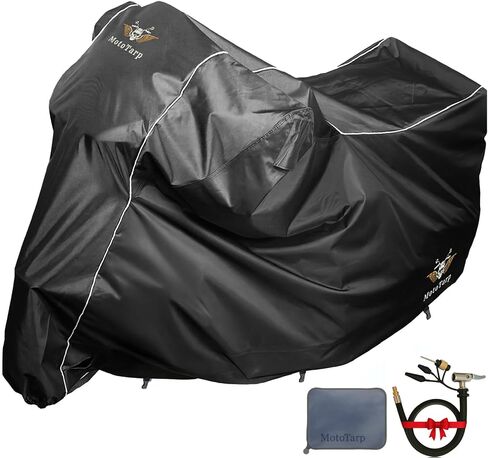 600D Heavy Duty Motorcycle Cover 100% Waterproof; License Plate Window, Exhaust Heat Guard, Night Reflectors, Wheel Lock Slots (Silver, Large 86X37X43) in Saudi Arabia
