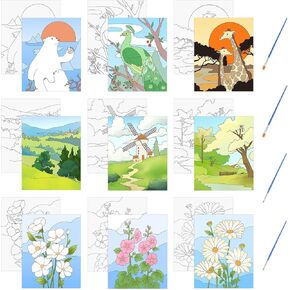 Pre Drawn Canvas, 9 PCS Forest Aurora Pre Printed Canvas Papers Scenery Pre Drawing Canvas DIY Ready to Paint Set with 4 Brushes Arts Drawing Gifts in Kuwait