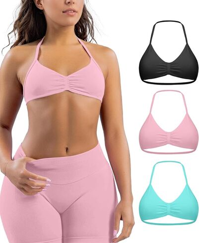 Comper Women's 3 Pack Strappy Bras Halter Bra Seamless Open Back Sports Bras Prop Bralette Top مع أكواب قابلة للإزالة in Kuwait