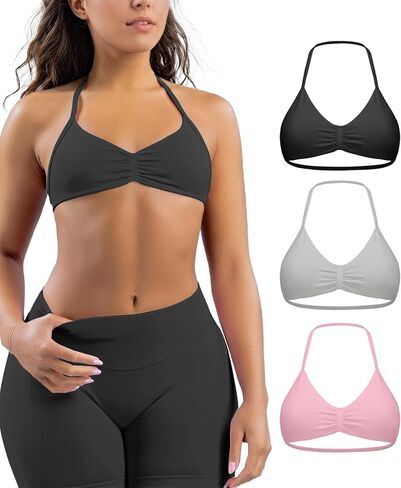 Comper Women's 3 Pack Strappy Bras Halter Bra Seamless Open Back Sports Bras Prop Bralette Top مع أكواب قابلة للإزالة in Kuwait