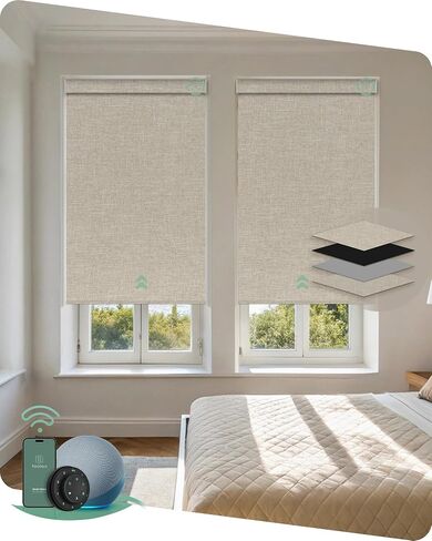 Yoolax Motorized Blinds with Remote, Blackout Smart Blinds Motorized Fabric Roller Shades Compatible with Alexa, Automatic Shades for Windows Custom Size (Beige) in Kuwait