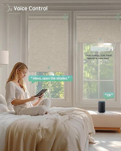 Yoolax Motorized Blinds with Remote, Blackout Smart Blinds Motorized Fabric Roller Shades Compatible with Alexa, Automatic Shades for Windows Custom Size (Beige) in Kuwait