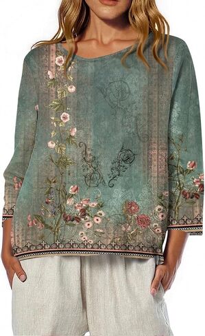 Fall T Shirts Women Loose Fit Linen 3/4 Sleeve Boat Neck Tops Dressy Casual Blouses Floral Print Elbow Sleeve Tops in Saudi Arabia
