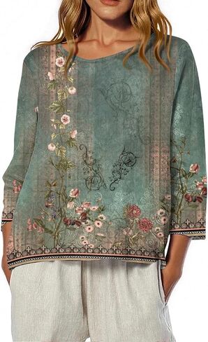 Fall T Shirts Women Loose Fit Linen 3/4 Sleeve Boat Neck Tops Dressy Casual Blouses Floral Print Elbow Sleeve Tops in Saudi Arabia