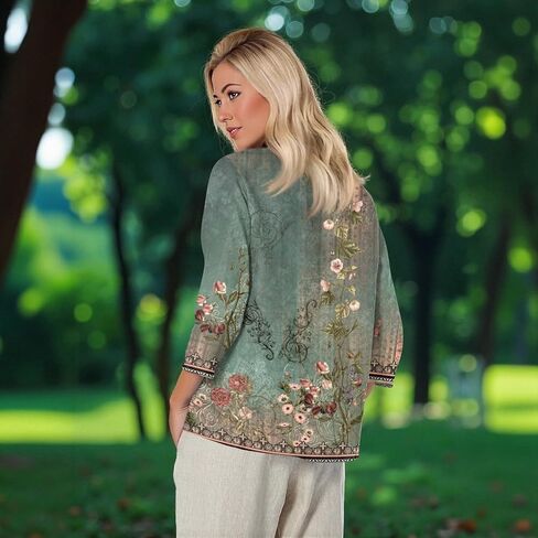 Fall T Shirts Women Loose Fit Linen 3/4 Sleeve Boat Neck Tops Dressy Casual Blouses Floral Print Elbow Sleeve Tops in Saudi Arabia