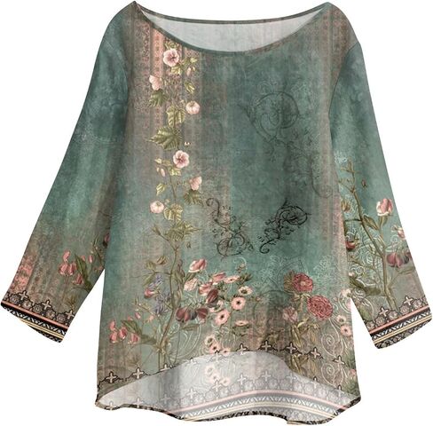 Fall T Shirts Women Loose Fit Linen 3/4 Sleeve Boat Neck Tops Dressy Casual Blouses Floral Print Elbow Sleeve Tops in Saudi Arabia