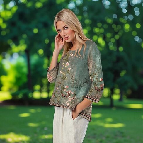 Fall T Shirts Women Loose Fit Linen 3/4 Sleeve Boat Neck Tops Dressy Casual Blouses Floral Print Elbow Sleeve Tops in Saudi Arabia