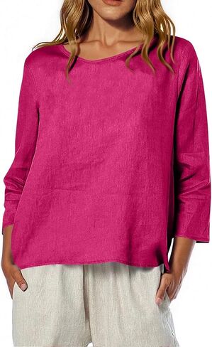 Fall T Shirts Women Loose Fit Linen 3/4 Sleeve Boat Neck Tops Dressy Casual Blouses Floral Print Elbow Sleeve Tops in Saudi Arabia
