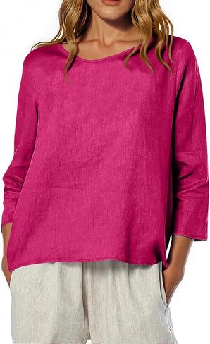 Fall T Shirts Women Loose Fit Linen 3/4 Sleeve Boat Neck Tops Dressy Casual Blouses Floral Print Elbow Sleeve Tops in Saudi Arabia
