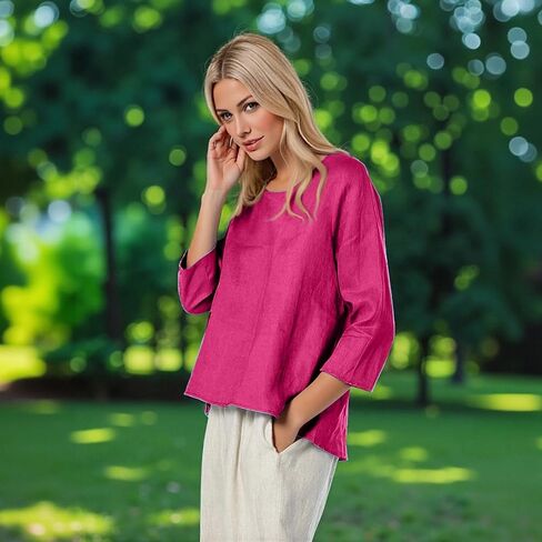 Fall T Shirts Women Loose Fit Linen 3/4 Sleeve Boat Neck Tops Dressy Casual Blouses Floral Print Elbow Sleeve Tops in Saudi Arabia