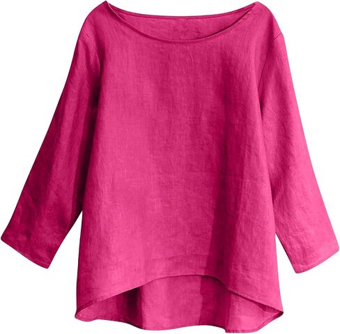 Fall T Shirts Women Loose Fit Linen 3/4 Sleeve Boat Neck Tops Dressy Casual Blouses Floral Print Elbow Sleeve Tops in Saudi Arabia