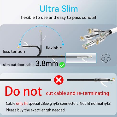 Cat6a Ethernet Cable Slim 100ft Outdoor&Indoor, 28AWG Pure Copper Cat6 Internet Cable for Waterproof & Direct Burial, Flexible Cat6 Ethernet Cable 10G 550MHZ, Cat 6 Network cable for Indoor Black in Kuwait