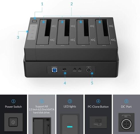 ORICO USB 3.0 Hard Drive Docking Station Aluminum 5 Bay Hard Drive Cloner/Duplicate USB 3.2 Gen 1 for 2.5''/3.5'' SSD HDD Up to 20TB-6656C3 in Saudi Arabia