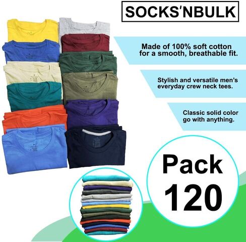 SOCKS'NBULK 120 Pack Mens Cotton Crew Neck Short Sleeve T-Shirts Mix Colors Bulk Wholesale Tshirts Case in Saudi Arabia