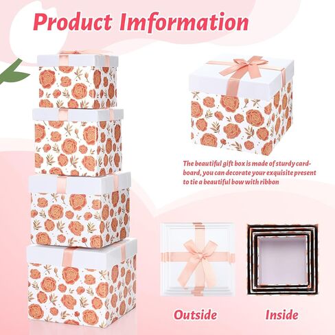 Cholemy 4pcs Gift Boxes with Lids Nesting Squared Boxes Decorative Gift Box for Mother's Day Presents Flower Birthday Bridesmaid Wedding Christmas Party Favor(Classic Flower) in Kuwait