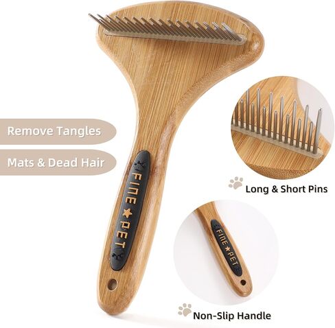 Dog Undercoat Rake Cat Grooming Rake with Wooden Handle Dematting Undercoat Brush for Medium Hair Coat Rake for Dogs Knot Removal and Shedding Control L in Saudi Arabia