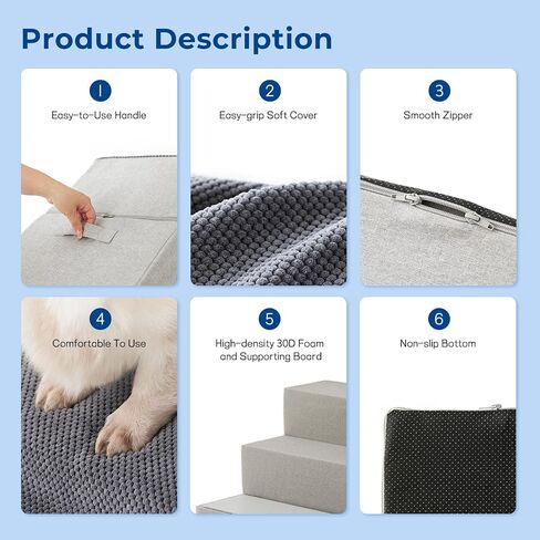 Dog Stairs for Small Dogs - Pet Stairs 2 in 1 with Zippers Suitable for Couch and Bed, 35D Foam Dog Steps with Non Slip Bottom Grey 4 Steps, Grey in Saudi Arabia