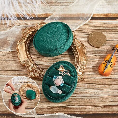 Gorgecfaft Premium Wedding Three Rings Holder Velvet Display Box Box Oval Ring Box 3 فتحات خمر مصنوعة يدويًا منظم المجوهرات للاقتراح حفل زفاف عيد الميلاد (Beige) in Saudi Arabia