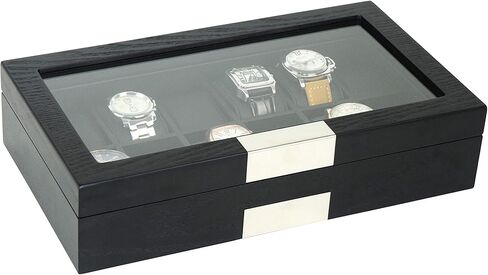 30 Black Ebony Wood Personalized Watch Extra Height Box Display Case 3 Level Storage Jewelry Organizer with Glass Top, Stainless Steel Accents, and 2 Drawers in Kuwait
