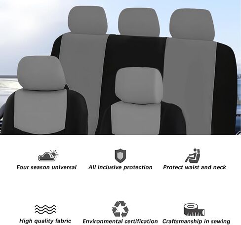 Car Seat Cover Full Set, Breathable Vehicle Front Seat and Rear Bench Split Protector, 9PCS Washable Airbag Compatible Auto Interior Seat Pad Accessories, Universal for Truck Van SUV (Gray) in Saudi Arabia