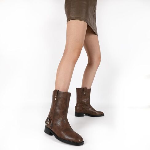 Mettesally Women Mid Calf Boots Chunky Low Heel Ankle Boots Riding Motorcycle Fall Boots 1.4 Inch in Kuwait