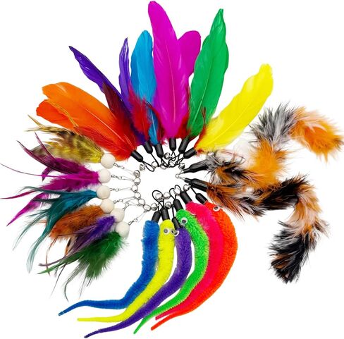 Cat Wand Replacement Feather Worm, 12 Pieces Cat Wand Attachments Assorted Worms Feathers Refill Toy for Indoor Cats in Kuwait