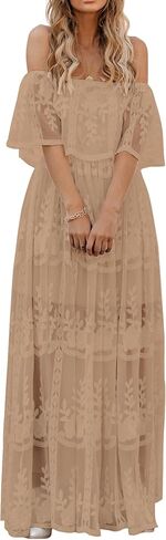 MERMAID'S CLOSET Women's Casual Off Shoulder Lace Maxi Dress Boho White Bridesmaid Wedding Evening Party Dresses in Kuwait