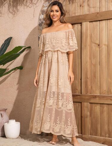MERMAID'S CLOSET Women's Casual Off Shoulder Lace Maxi Dress Boho White Bridesmaid Wedding Evening Party Dresses in Kuwait