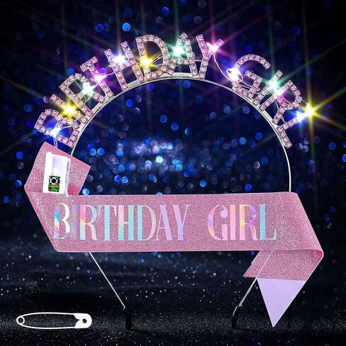 Light Up Birthday Girl Headband Gold Rhinestone Crown and Sash Led Birthday Accessories Sets for Women in Saudi Arabia