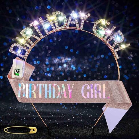 Light Up Birthday Girl Headband Gold Rhinestone Crown and Sash Led Birthday Accessories Sets for Women in Saudi Arabia