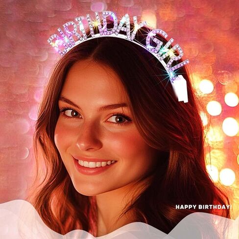 Light Up Birthday Girl Headband Gold Rhinestone Crown and Sash Led Birthday Accessories Sets for Women in Saudi Arabia