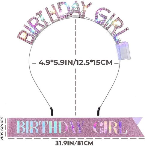 Light Up Birthday Girl Headband Gold Rhinestone Crown and Sash Led Birthday Accessories Sets for Women in Saudi Arabia