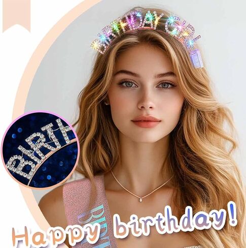 Light Up Birthday Girl Headband Gold Rhinestone Crown and Sash Led Birthday Accessories Sets for Women in Saudi Arabia