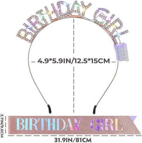 Light Up Birthday Girl Headband Gold Rhinestone Crown and Sash Led Birthday Accessories Sets for Women in Saudi Arabia