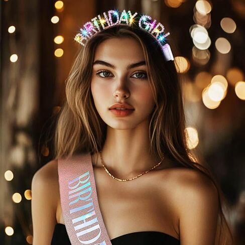 Light Up Birthday Girl Headband Gold Rhinestone Crown and Sash Led Birthday Accessories Sets for Women in Saudi Arabia
