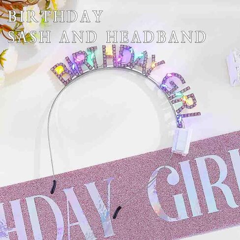 Light Up Birthday Girl Headband Gold Rhinestone Crown and Sash Led Birthday Accessories Sets for Women in Saudi Arabia