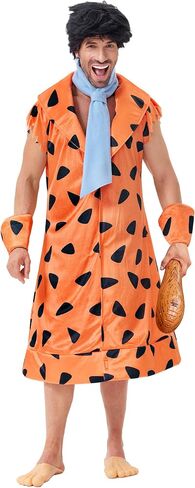 Arvilhill Men's 5 PCS Halloween Fred Flint Stone Costume Adult Classic Caveman مع شعر مستعار وربطة عنق و Wristbands (M-XL) in Saudi Arabia