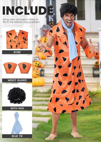 Arvilhill Men's 5 PCS Halloween Fred Flint Stone Costume Adult Classic Caveman مع شعر مستعار وربطة عنق و Wristbands (M-XL) in Saudi Arabia