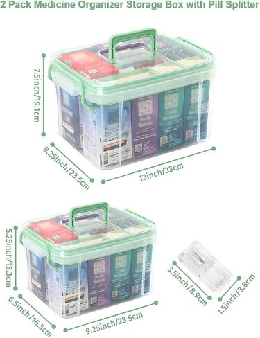 2-Pack Clear Medicine Organizer Storage Box with Pill Splitter,Thickened Multi-Layer First Aid Organizer&Medical Case,Durable Plastic Medicine Box with Lids,Trays,Labels,Handles for Home,Office,Travel in Saudi Arabia