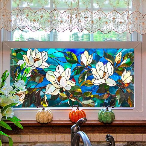 Magnolia Flower Stained Glass Window Privacy Film Decorative Double-Sided Static Clings Non-Adhesive Tinting Film for Home Office Livingroom Bedroom Window Decor, 17.7 x 39.5 Inch in Saudi Arabia