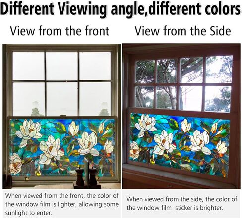 Magnolia Flower Stained Glass Window Privacy Film Decorative Double-Sided Static Clings Non-Adhesive Tinting Film for Home Office Livingroom Bedroom Window Decor, 17.7 x 39.5 Inch in Saudi Arabia