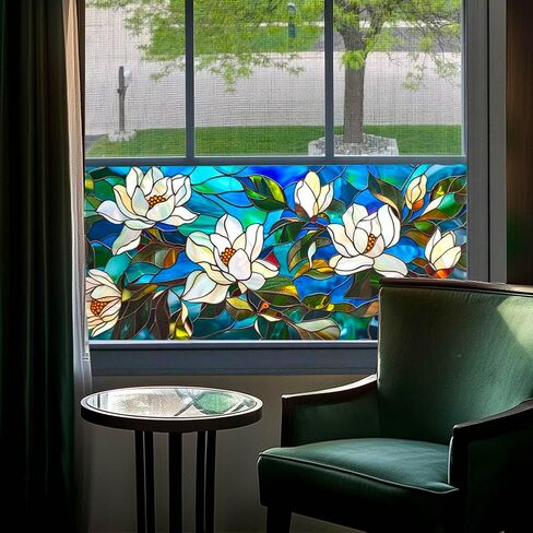 Magnolia Flower Stained Glass Window Privacy Film Decorative Double-Sided Static Clings Non-Adhesive Tinting Film for Home Office Livingroom Bedroom Window Decor, 17.7 x 39.5 Inch in Saudi Arabia