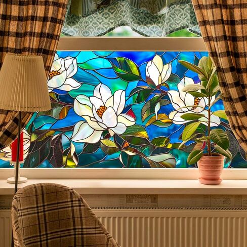 Magnolia Flower Stained Glass Window Privacy Film Decorative Double-Sided Static Clings Non-Adhesive Tinting Film for Home Office Livingroom Bedroom Window Decor, 17.7 x 39.5 Inch in Saudi Arabia