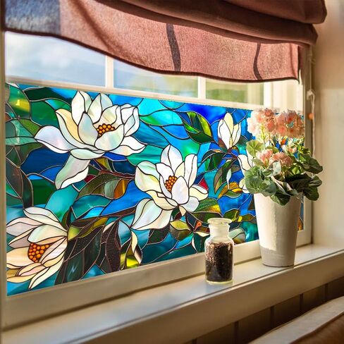 Magnolia Flower Stained Glass Window Privacy Film Decorative Double-Sided Static Clings Non-Adhesive Tinting Film for Home Office Livingroom Bedroom Window Decor, 17.7 x 39.5 Inch in Saudi Arabia