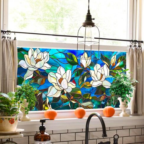 Magnolia Flower Stained Glass Window Privacy Film Decorative Double-Sided Static Clings Non-Adhesive Tinting Film for Home Office Livingroom Bedroom Window Decor, 17.7 x 39.5 Inch in Saudi Arabia