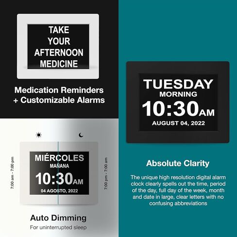ساعة رقمية كبيرة أمريكية مدى الحياة لكبار السن، سوداء، 8 بوصة، مع يوم وتاريخ، منبه قابل للتخصيص، تعتيم تلقائي، دعم متعدد اللغات، بطارية احتياطية، إعداد سهل، وخيار هدية in Kuwait