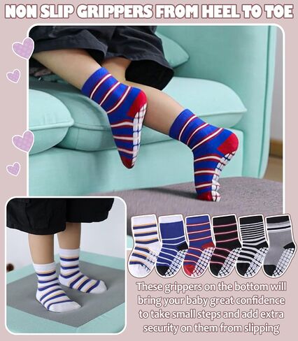 Baby Toddlers Non Slip Socks with Grippers Baby Toddler Boys Girls Grips Socks Kids Cotton Crew Gift Socks 6 Pairs in Kuwait