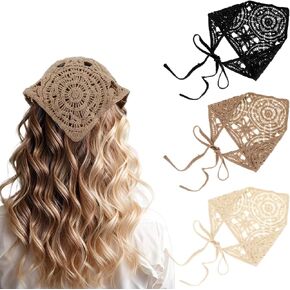 Hollow Crochet Bandana Head Scarf for Women, 3Pcs Boho Hair Accessories, Adjustable Non-Slip Headband, Retro Hair Kerchief, Triangle Scarf for Hairs Tie Back, Black Beige Khaki in Saudi Arabia