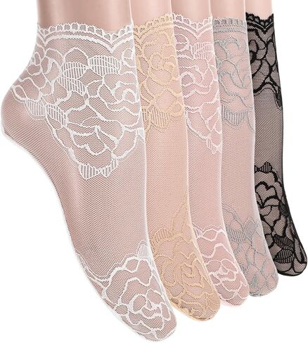 Teaaha 5 Pairs Lace Socks Women Sexy Mesh Sheer Ankle Socks Cute Fishnet Ruffle Frilly Casual Socks Slouch Lacey Loose Socks for Women Girls in Saudi Arabia